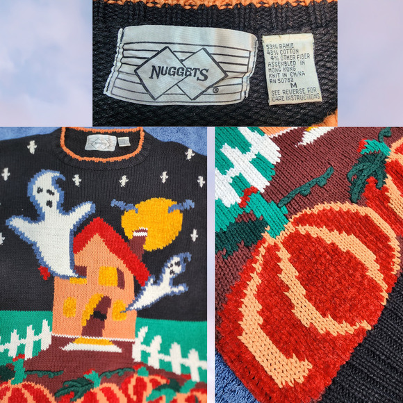 Vtg 90s Nuggets Black Orange Halloween Ghost Pumpkin Moon Chunky Knit Sweater M - Picture 4 of 4